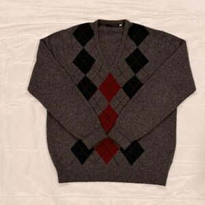 Dunn & Co Argyle Sweater Mens Large Grey 100% Wool V-Neck Made in Gt Britain
